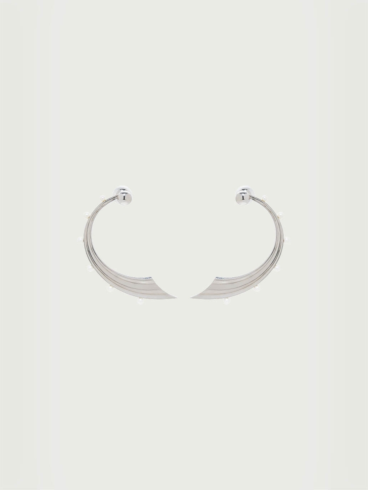 Silver Medium Wave Hook Pearl Earrings