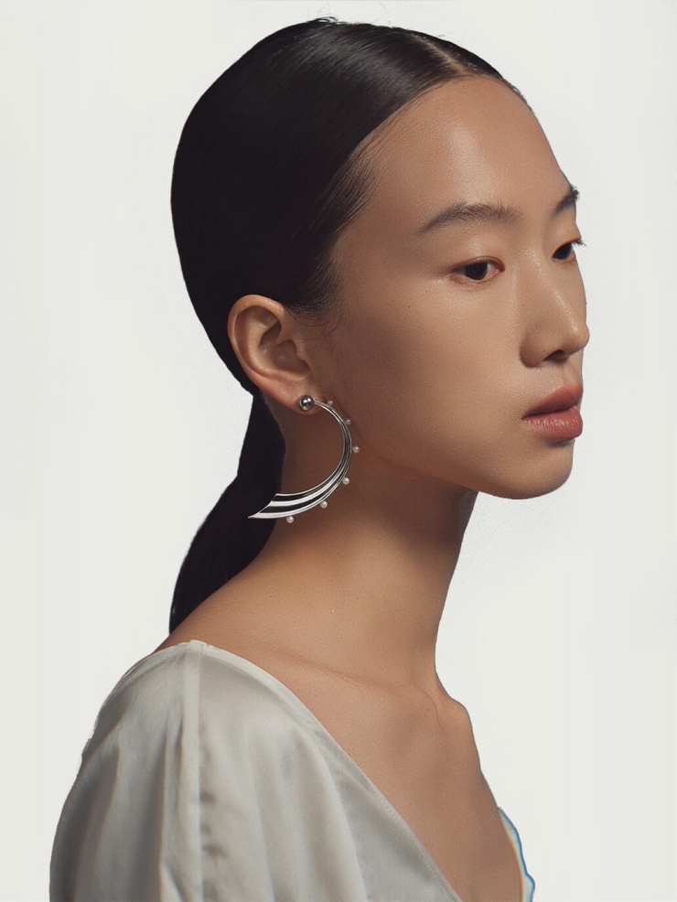 Silver Medium Wave Hook Pearl Earrings