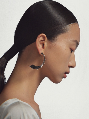 Silver Medium Wave Hook Pearl Earrings