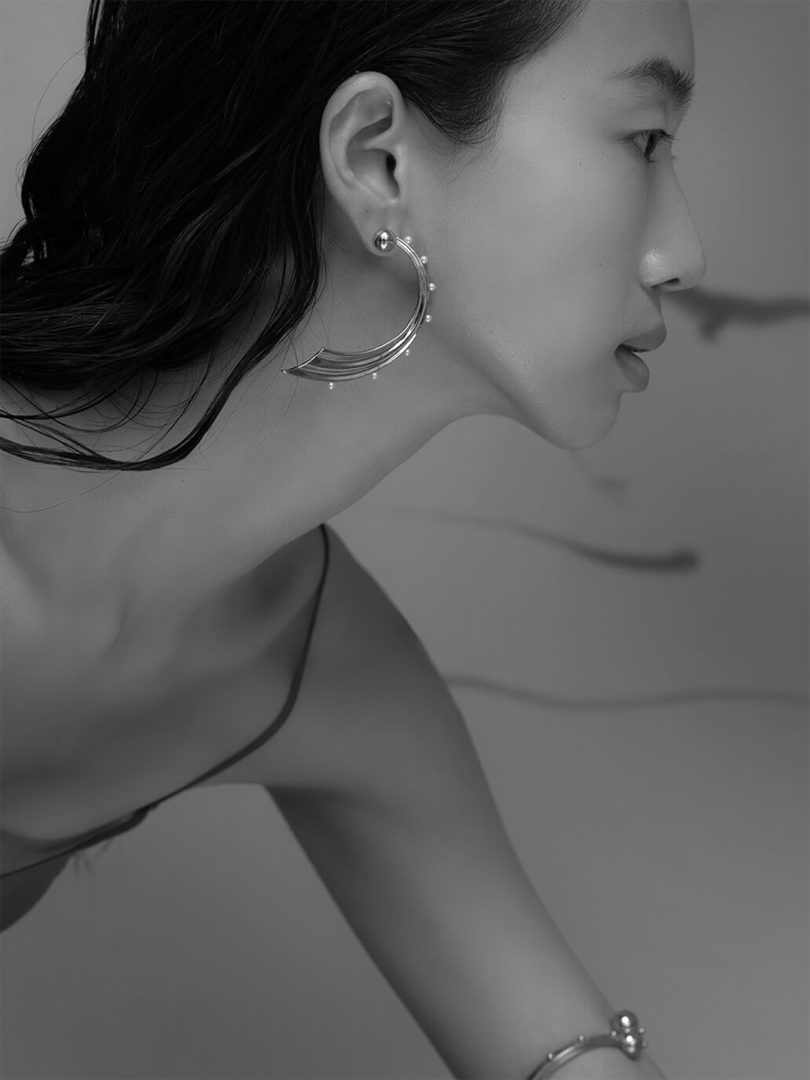 Silver Medium Wave Hook Pearl Earrings