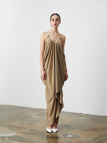 Green Gathered Ruched Slip Dress