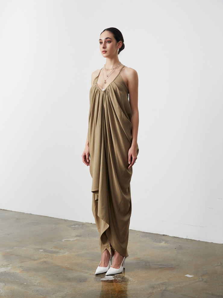Green Gathered Ruched Slip Dress