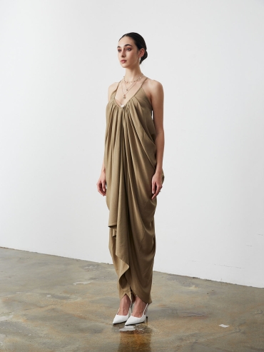 Green Gathered Ruched Slip Dress