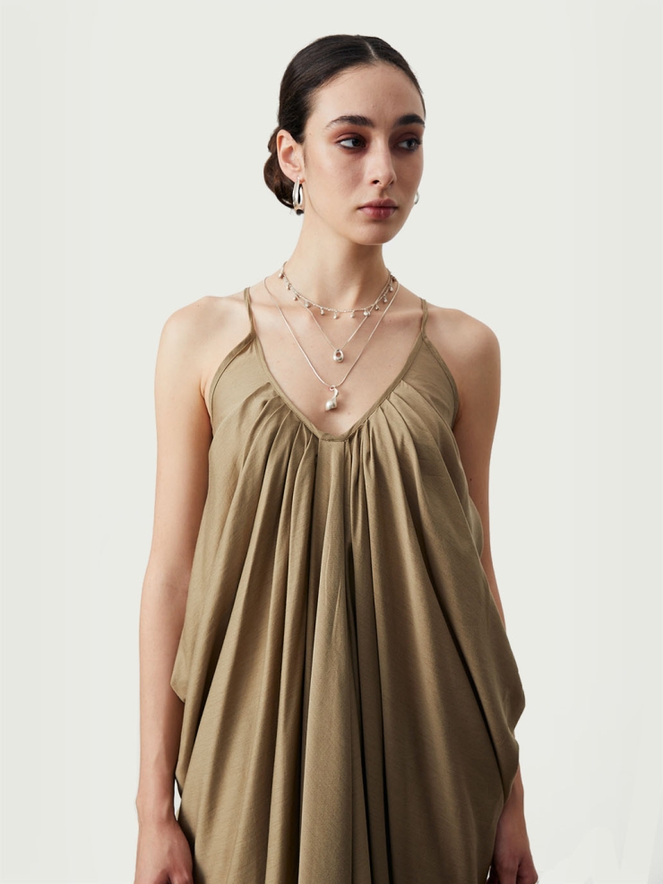 Green Gathered Ruched Slip Dress