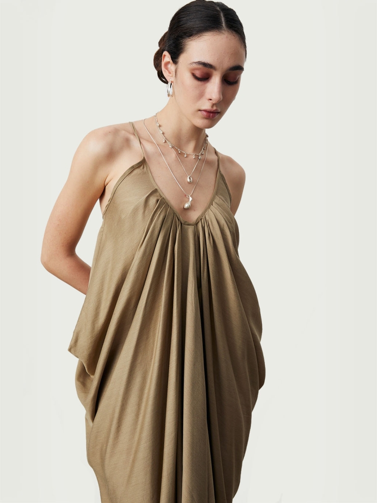 Green Gathered Ruched Slip Dress