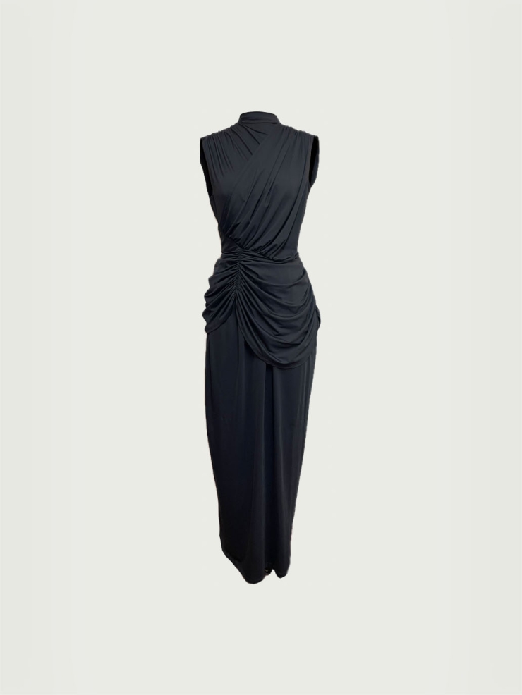 Black Pleated Mock Neck Knit Dress