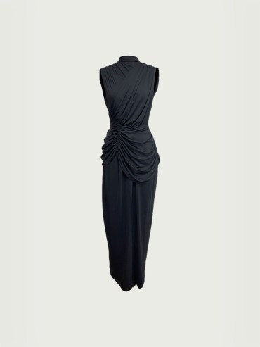 Black Pleated Mock Neck Knit Dress