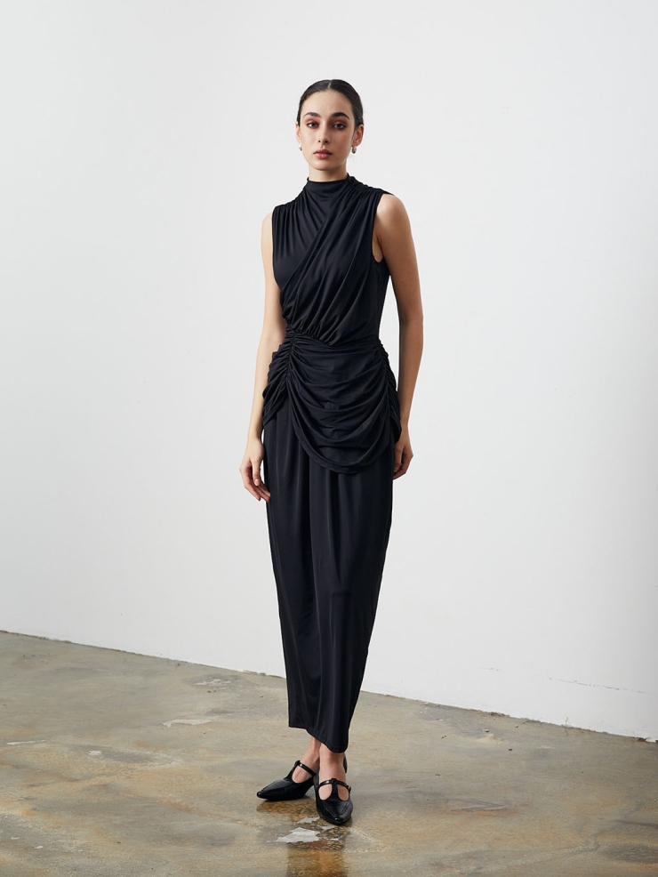 Black Pleated Mock Neck Knit Dress