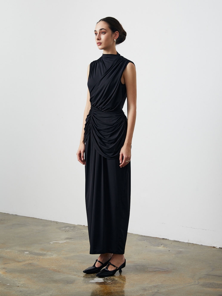 Black Pleated Mock Neck Knit Dress