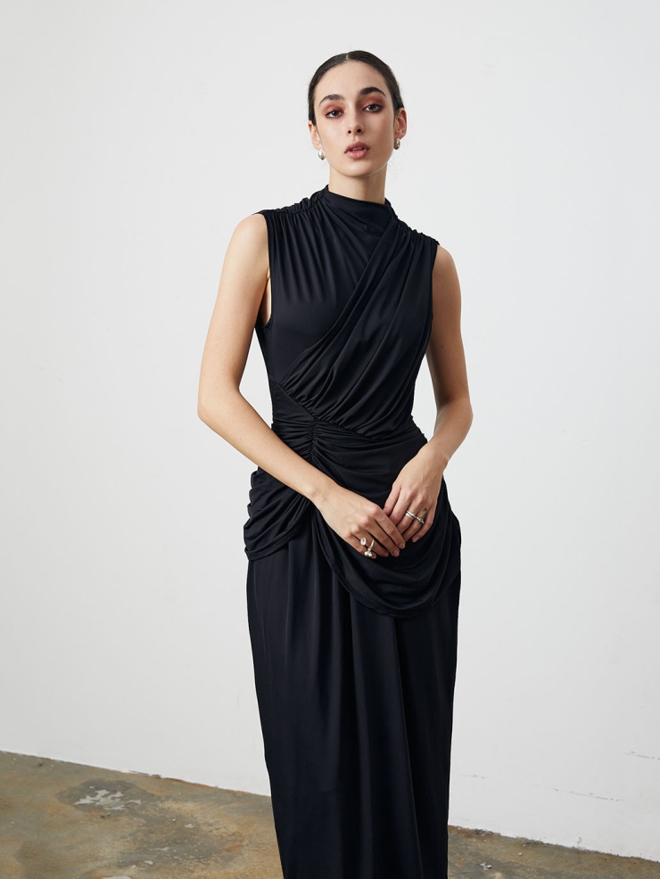 Black Pleated Mock Neck Knit Dress