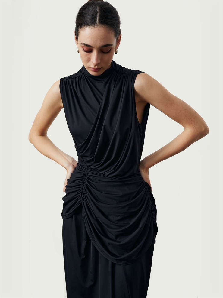 Black Pleated Mock Neck Knit Dress