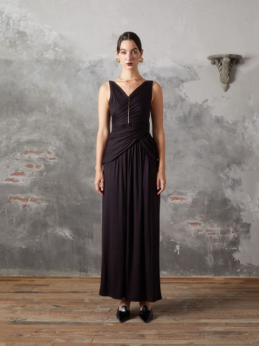 Black Panelled Pleated Knit Dress