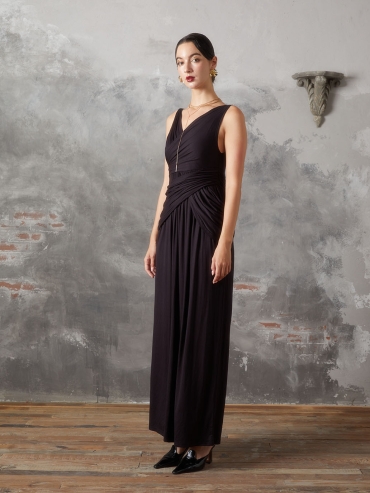 Black Panelled Pleated Knit Dress