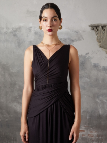 Black Panelled Pleated Knit Dress