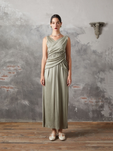 Green Panelled Pleated Knit Dress