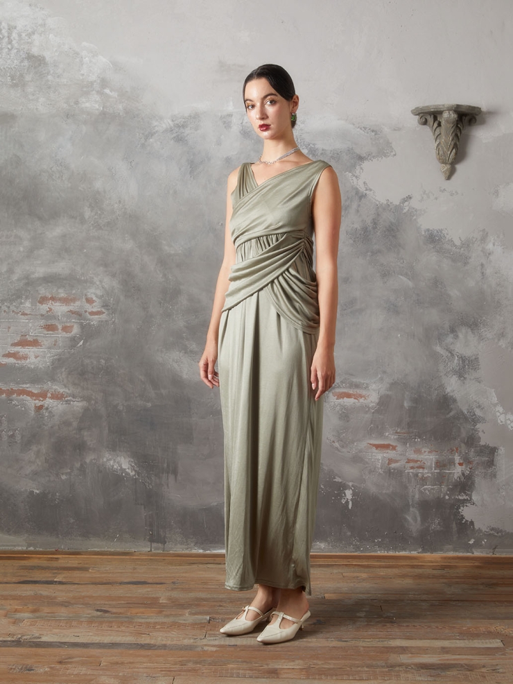 Green Panelled Pleated Knit Dress