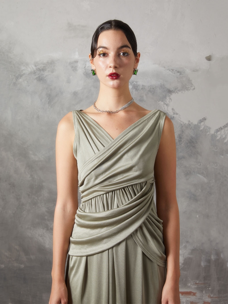 Green Panelled Pleated Knit Dress