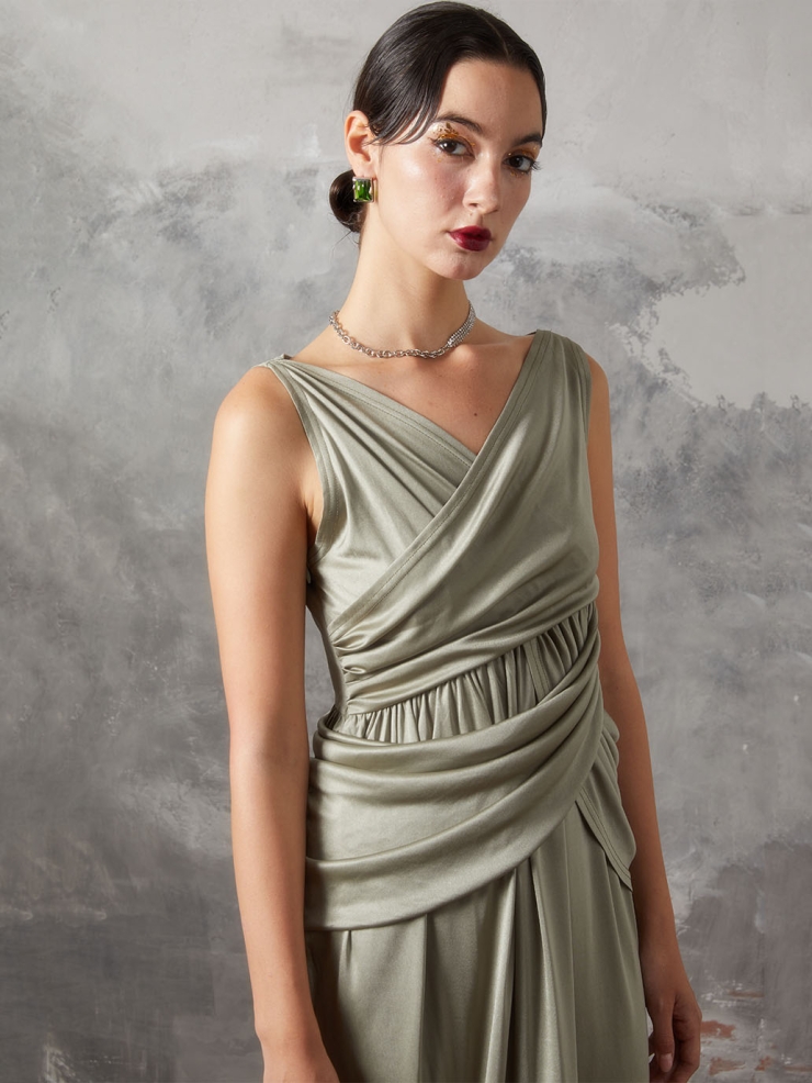 Green Panelled Pleated Knit Dress