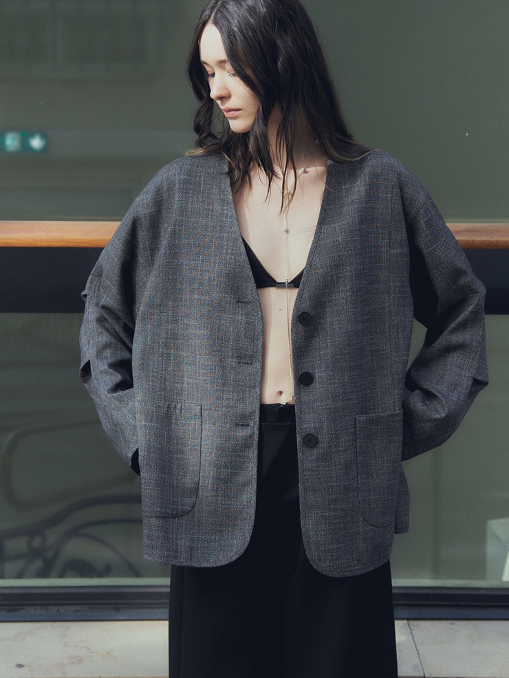 Grey Oversize V-neck Blazer