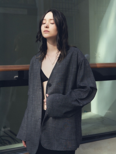 Grey Oversize V-neck Blazer