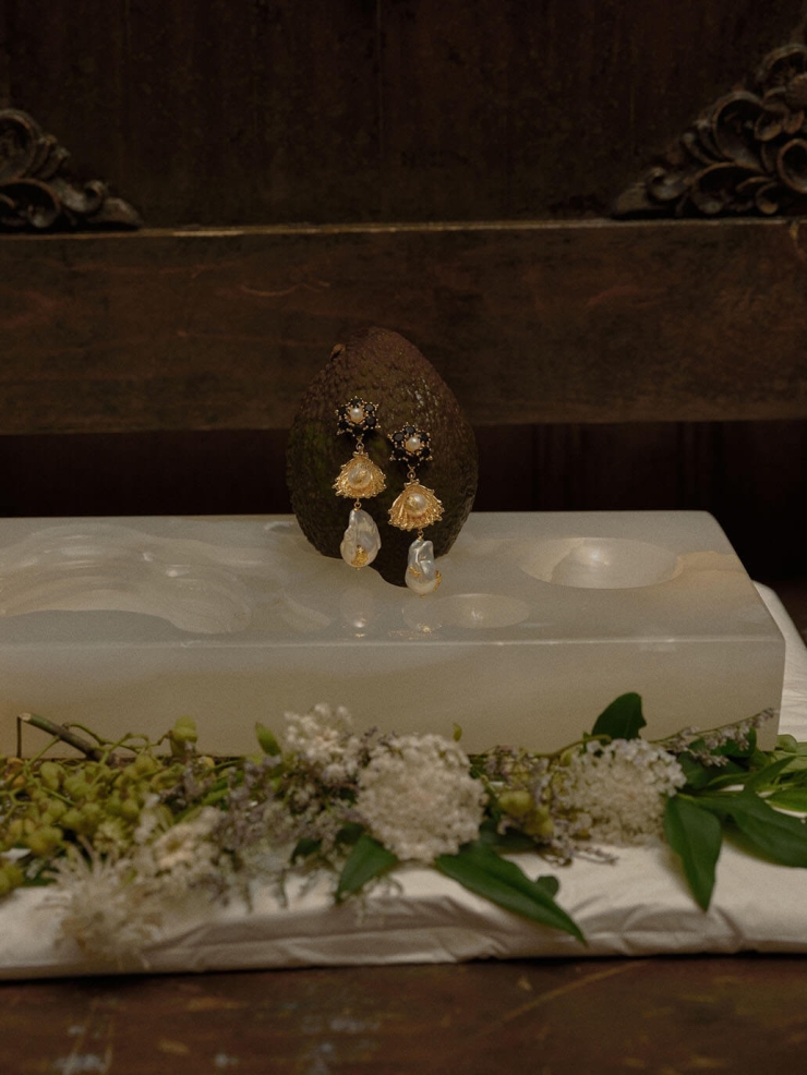 Gold Floral Black Zircon Earrings