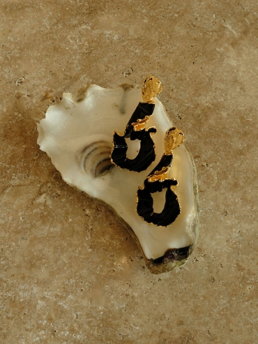 Gold Wave Black Enamel Earrings