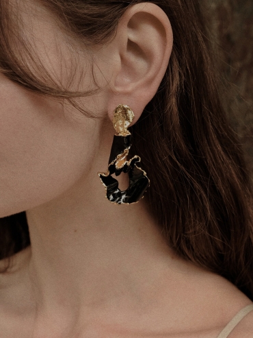 Gold Wave Black Enamel Earrings
