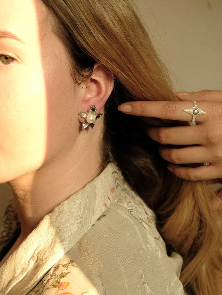 Silver Hydrangea Pearl Stud Earrings