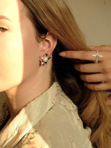 Silver Hydrangea Pearl Stud Earrings