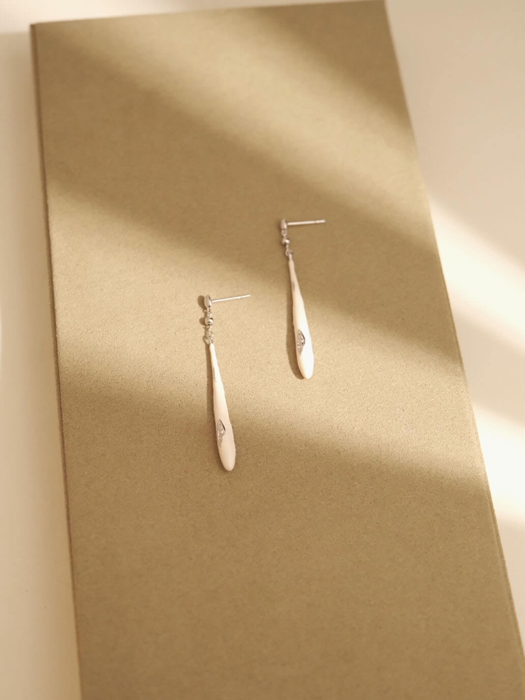 White Enamel Silver Teardrop Earrings