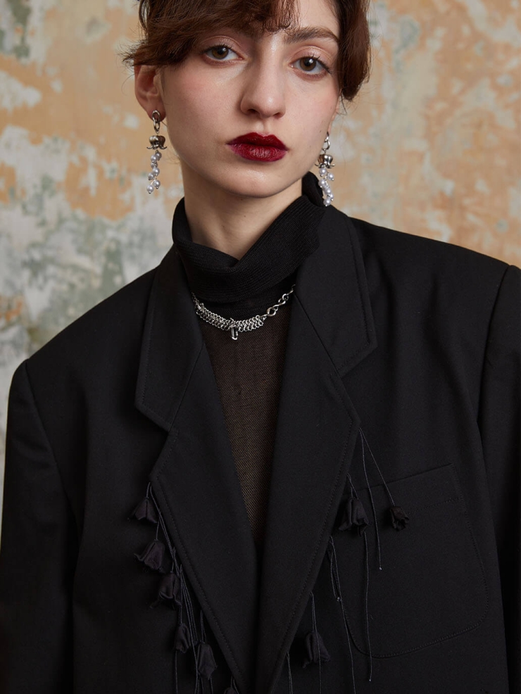 Black Blazer with Lily of the Valley Embroidery