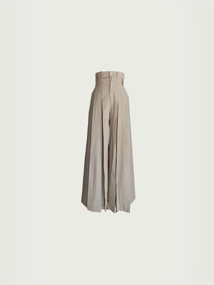 Beige Double Waistband Wide-Leg Trousers