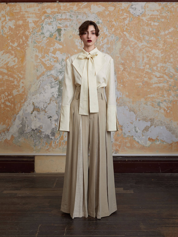 Beige Double Waistband Wide-Leg Trousers