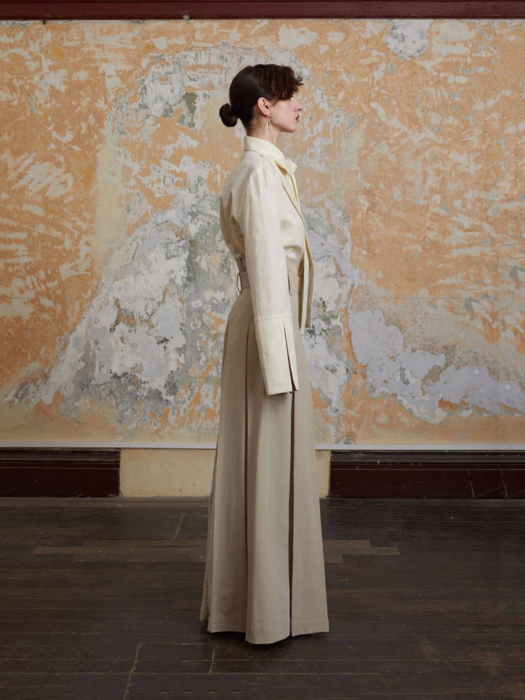 Beige Double Waistband Wide-Leg Trousers