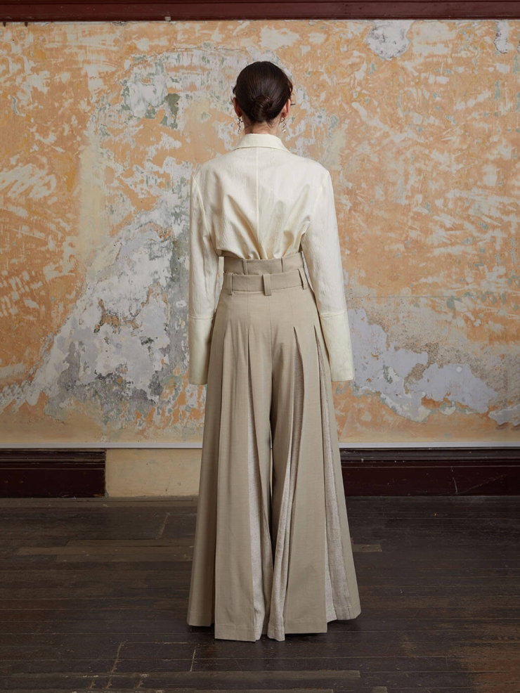 Beige Double Waistband Wide-Leg Trousers