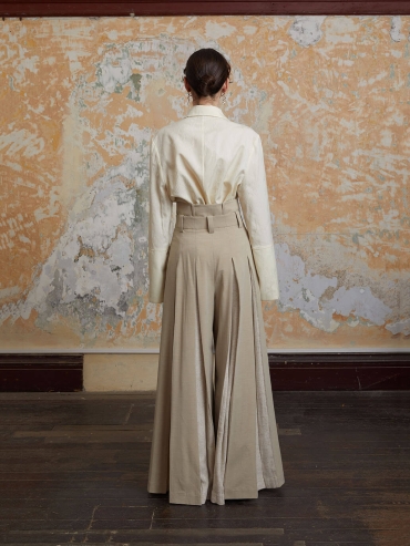 Beige Double Waistband Wide-Leg Trousers