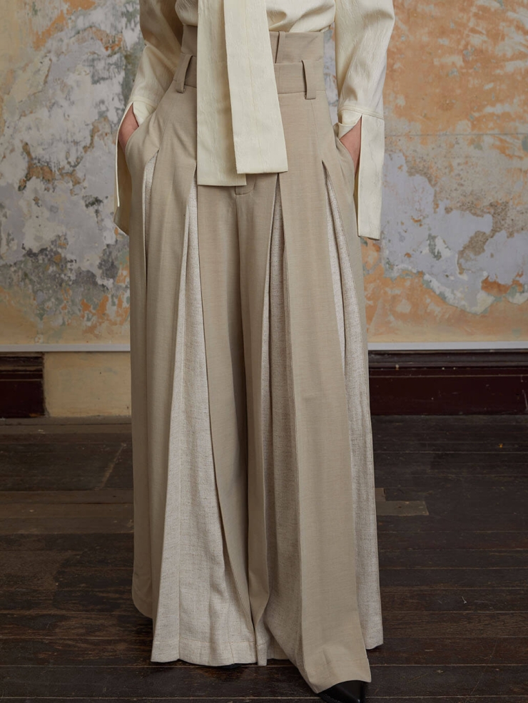 Beige Double Waistband Wide-Leg Trousers
