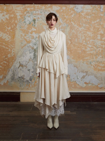 Beige Asymmetric Lace-Panel Wrap Skirt