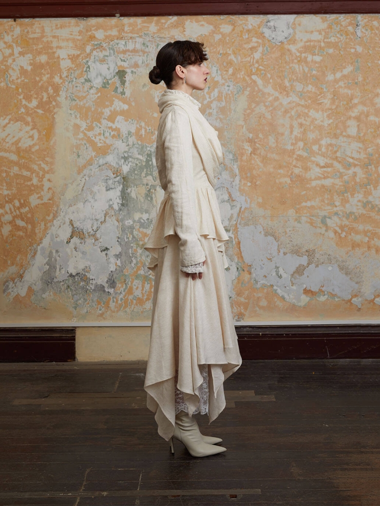 Beige Asymmetric Lace-Panel Wrap Skirt