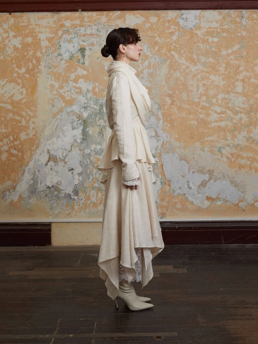 Beige Asymmetric Lace-Panel Wrap Skirt