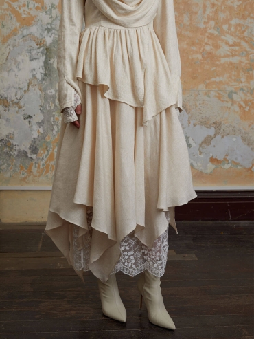 Beige Asymmetric Lace-Panel Wrap Skirt