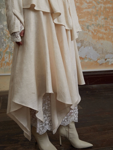 Beige Asymmetric Lace-Panel Wrap Skirt