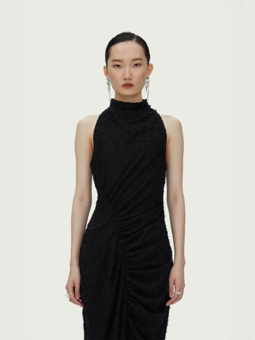 Black Ruched Dress with Fringe Hem