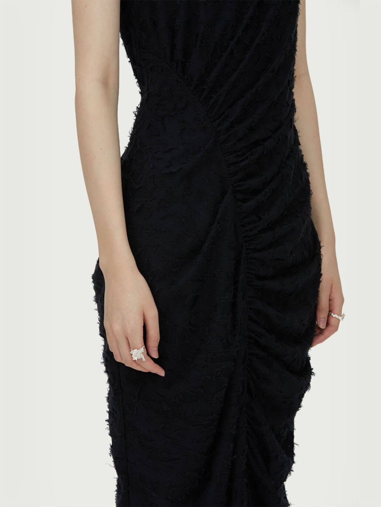 Black Ruched Dress with Fringe Hem