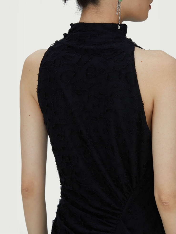 Black Ruched Dress with Fringe Hem