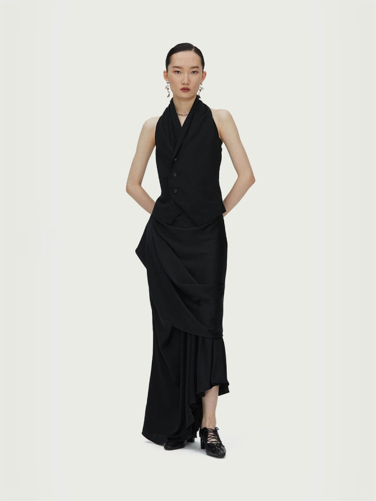 Black Asymmetric Draped Midi Skirt