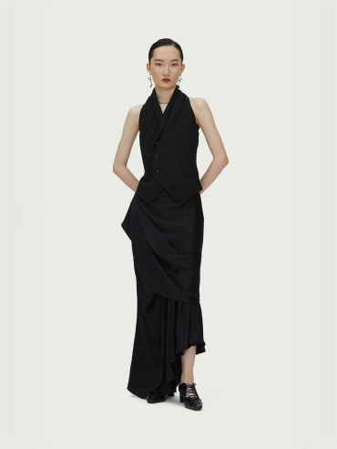 Black Asymmetric Draped Midi Skirt