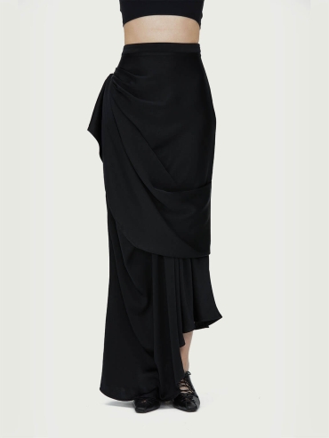 Black Asymmetric Draped Midi Skirt