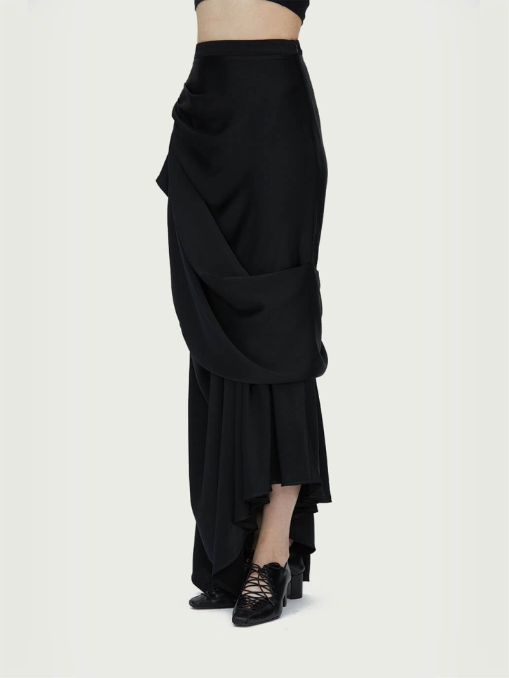 Black Asymmetric Draped Midi Skirt
