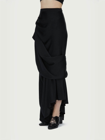 Black Asymmetric Draped Midi Skirt
